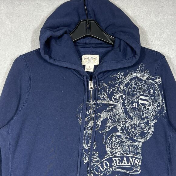 VTG Polo Jeans Ralph Lauren 1967 Zip Hoodie Sweatshirt Navy Large Y2K Graphic - Picture 2 of 13